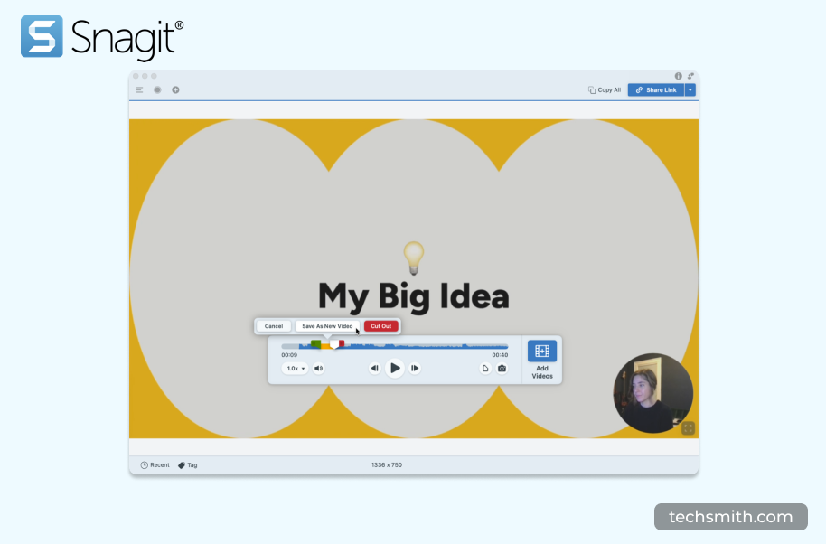 مسجل شاشة Snagit يعرض واجهة تقليص الفيديو مع خيارات لحفظ التسجيلات وقطعها وتحريرها ، وهي مثالية لالتقاط الشاشة السريعة.