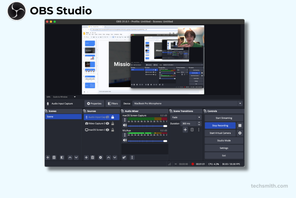 Enregistreur d'écran OBS Studio montrant une disposition complexe avec un mélangeur audio, des sources vidéo et des commandes de streaming, idéal pour les configurations d'enregistrement professionnelles.