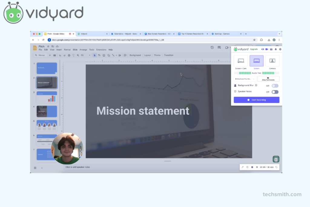 Vidyard -Bildschirmrekorder erfasst eine Google Slides -Präsentation mit Webcam -Overlay- und Aufzeichnungseinstellungen, die für den geschäftlichen und pädagogischen Gebrauch optimiert sind.