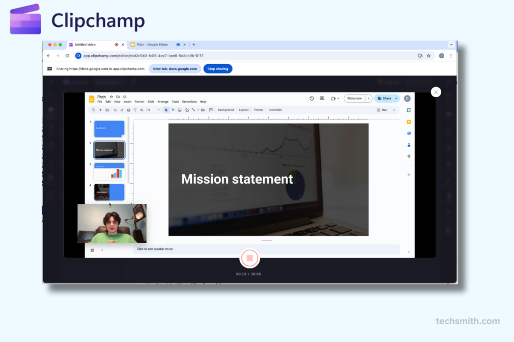 مسجل شاشة ClipChamp التقاط عرض تقديمي لـ Google Slides مع تراكب كاميرا ويب مرئية ، ويتضمن أدوات التسجيل المبسطة لإنشاء محتوى الفيديو.