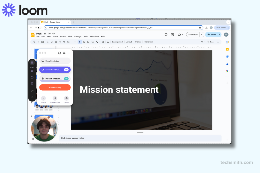 Loom Screen Recorder yang menangkap presentasi Google Slide dengan overlay webcam, menyoroti kontrol perekaman yang ramah pengguna dan antarmuka sederhana.