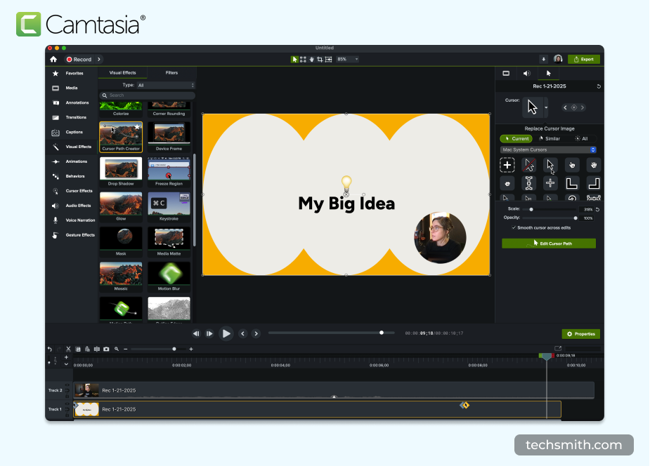 Регистратор на экране Camtasia, показывающий проект с визуальными эффектами и инструментами редактора пути курсора, подчеркивая его расширенные функции редактирования видео.